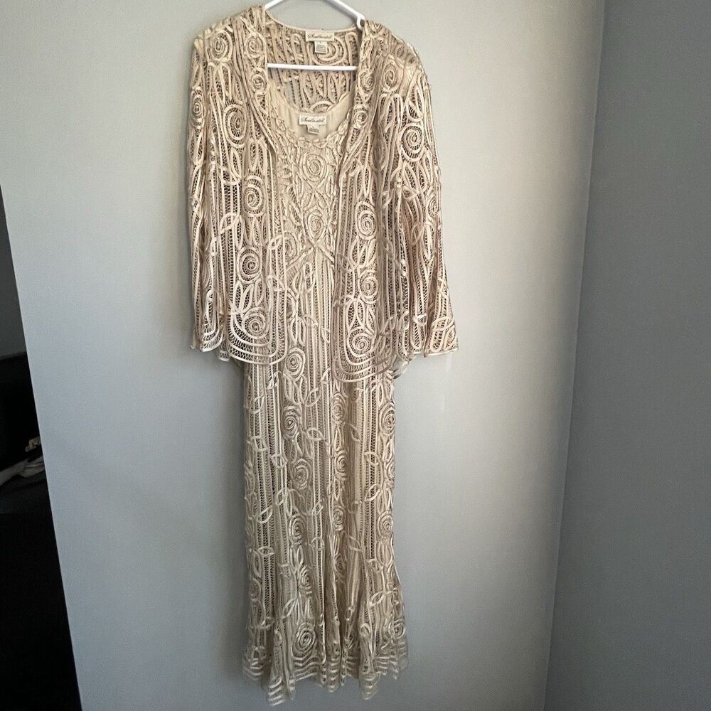 Soulmates Silk Dress & Jacket Set 2 Pc Size L Champagne Bell Sleeve Mother Bride